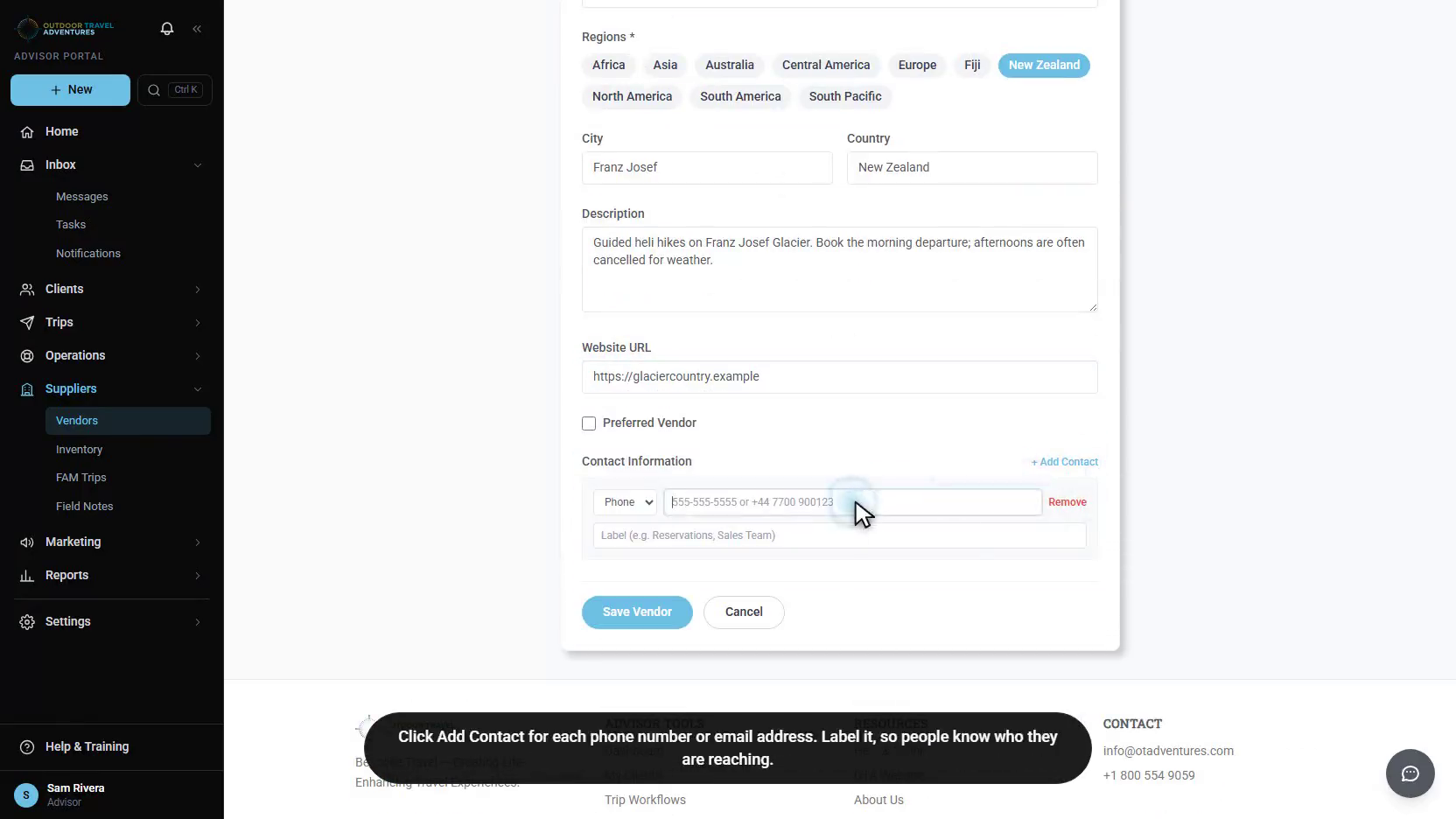 The Add Vendor form filled in (sample data)