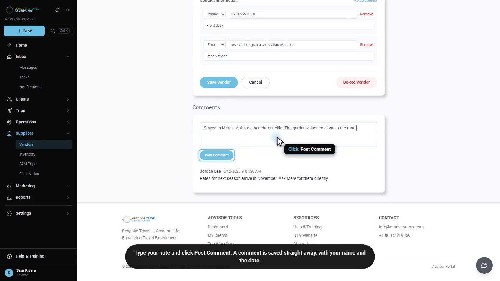 The Comments section under the vendor form (sample data)