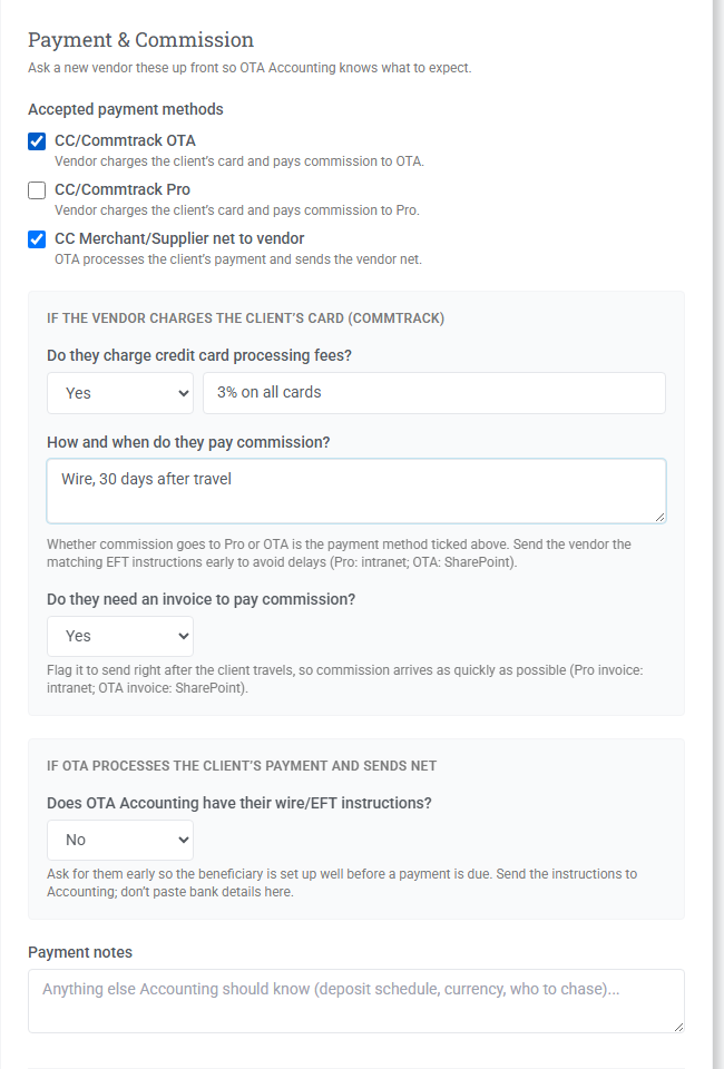 The Payment & Commission section of the vendor form (sample data)