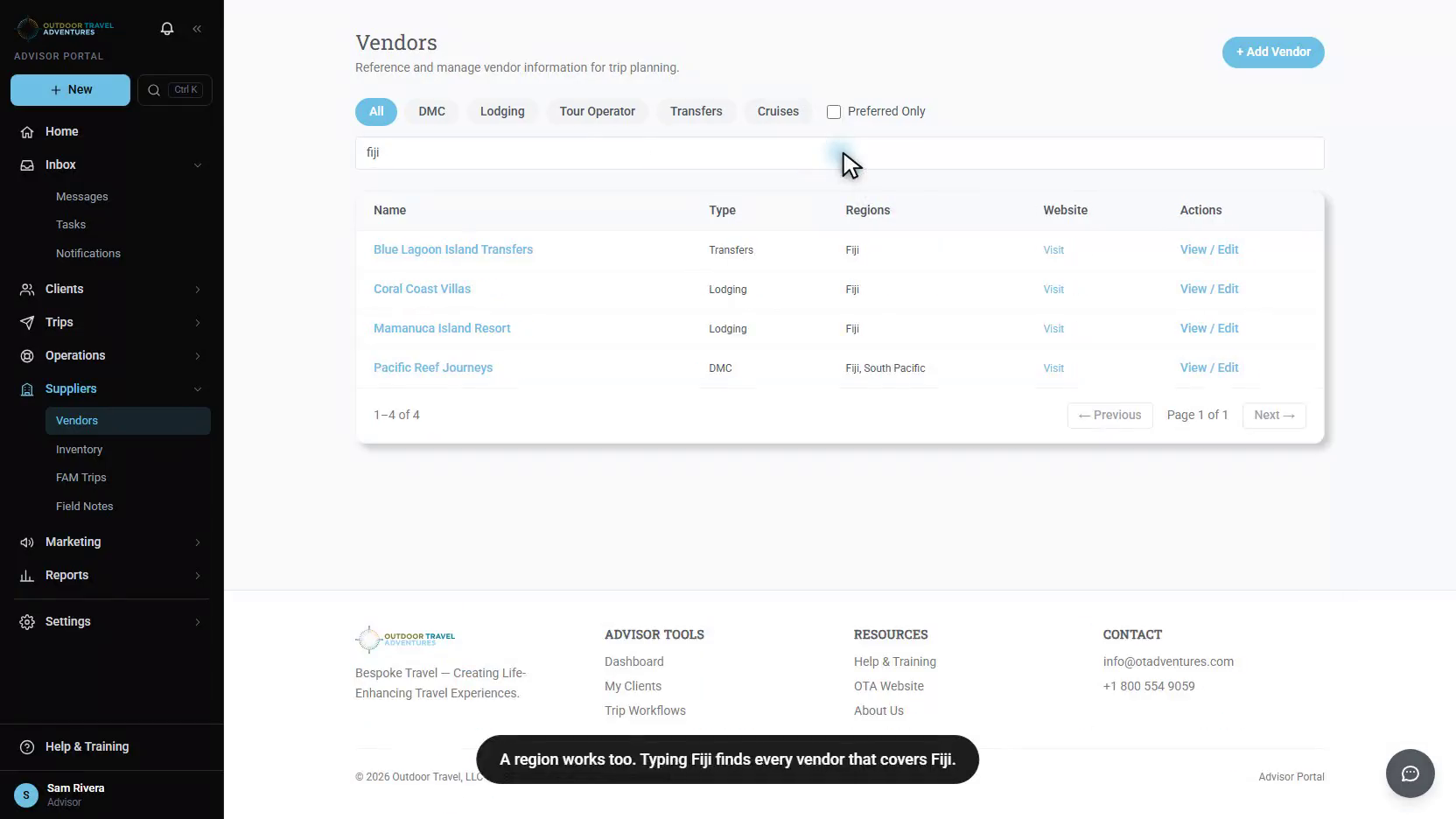 The vendor list filtered by a search for Fiji (sample data)